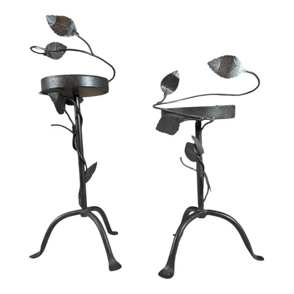 Pair of Wrought Iron Leaf & Vine Plant Stands – Black Metal Garden Decor Used - Picture 1 of 5